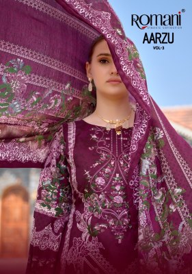 Aarzu vol 3 by Romani premium soft cotton unstitched dress material catalogue at affordable rate dress material catalogs