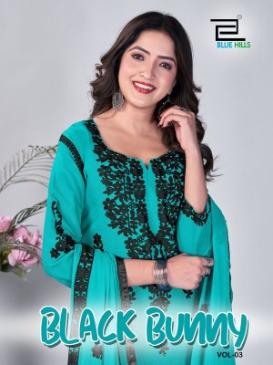 Black Bunny vol 3 by blue Hills reyon with work kurti pant and dupatta catalogue at affordable rate kurti pant with dupatta Catalogs