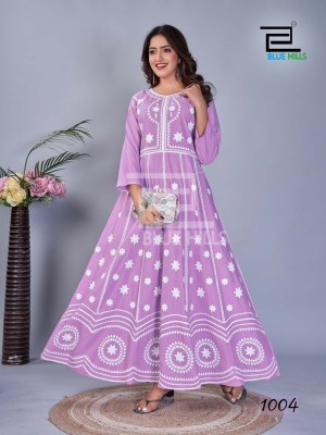Blue Hills Rashmika 14kg Rayon Printed With Work Long Gown Kurti Buy Wholesale Rate in Surat  