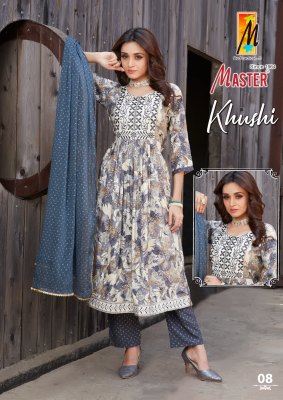Master by Khushi reyon foil printed flared kurti pant and dupatta catalogue readymade suit catalogs