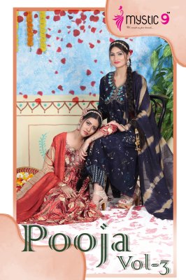 Mystic 9 by Pooja vol 3 heavy foil printed embroidered readymade suit catalogue at affordable rate 