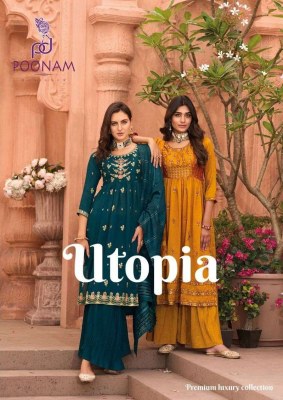 Poonam Designer Utopia Vichitra Silk Nyra Cut wholesale Kurti catalogue  