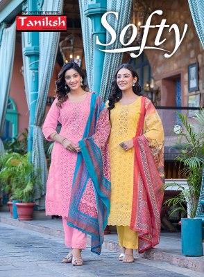 Taniksh by Softy vol 1 fancy muslin chifli work readymade suit catalogue at affordable rate kurti pant with dupatta Catalogs
