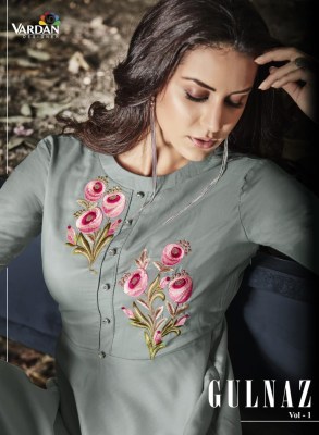 Vardaan designer by Gulnaz vol 1 heavy reyon long embroidered gown catalogue at low rate gown catalogs