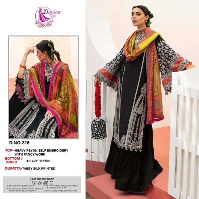 dinsaa suits new design no 226 super hit black heavy rayon embroidery work single pice Pakistani suits wholesale rate  pakistani suits