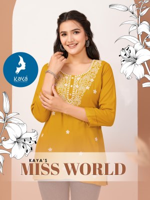 kaya kurti by miss world reyon embroidered short top catalogue at low rate western wear catalogs