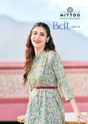 mittoo presenting belt vol 14 reyon printed long and flair fancy kurti  catalog at wholesale price western wear