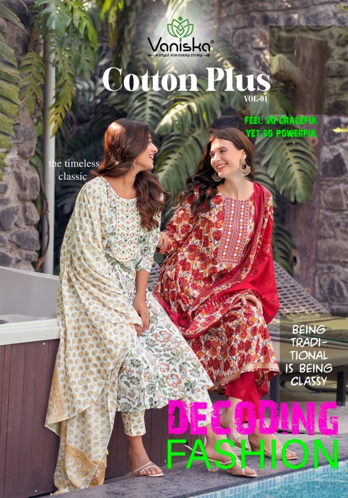 Cotton plus vol 1 by Vanska Gown style kurti pant and dupatta catalogue at affordable rate
