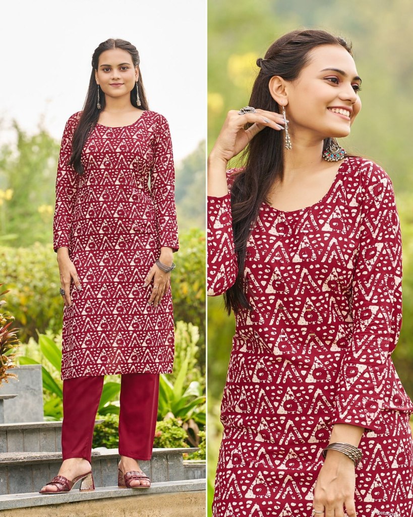 STRAIGHT SIDE SLIT PRINTED EMBROIDERED MIRROR WORK KURTI