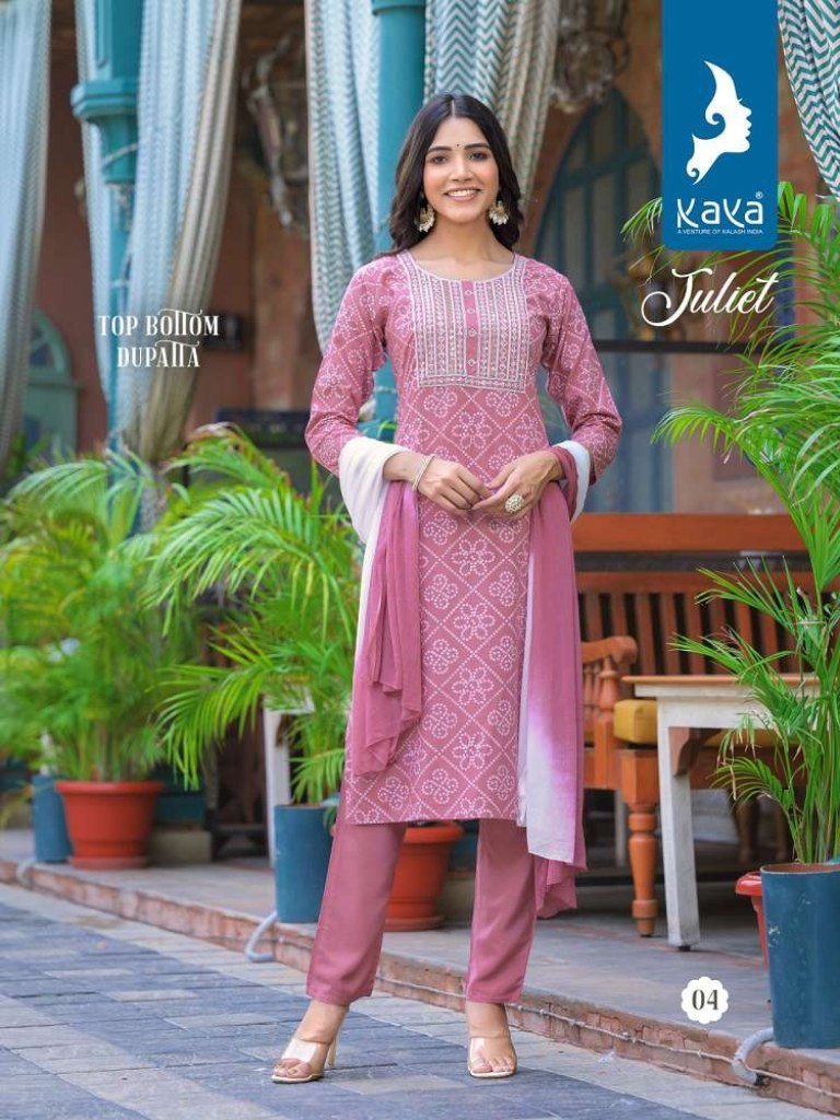 Wholesale Printed Kurti Kaya Juliet Vol 2 Rayon Printed Kurti Pant With  Dupatta Collection Design Catalog