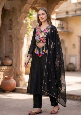 3-Piece Mal Chanderi Embroidery Hand Work Suit with Roman Silk Bottom Size wise Combo Set
