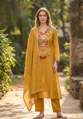 3-Piece Mal Chanderi Embroidery Hand Work Suit with Roman Silk Bottom Size wise Combo Set