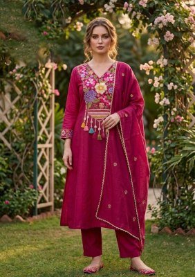 3-Piece Mal Chanderi Embroidery Hand Work Suit with Roman Silk Bottom Size wise Combo Set