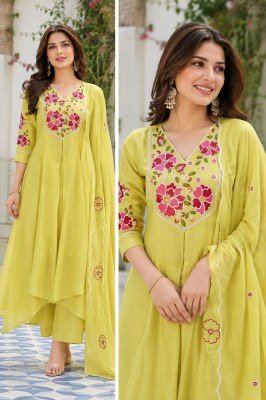 3-Piece Mul Chanderi Hand Work Kurti Palazzo Dupatta Set Size wise Combo Set