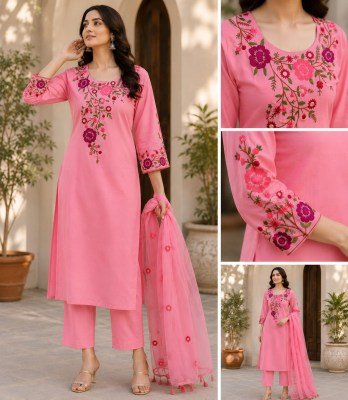 3-Piece Pure Cotton Kurti Pant Dupatta Set with Embroidery and Pocket wholesale catalogs