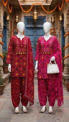 3-Piece Pure Jaipuri Cotton 60x60 Embroidery Kurti Farshi Salwar Dupatta Combo Set 