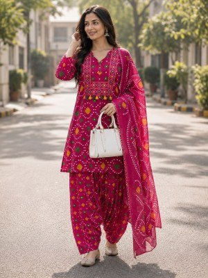 3-Piece Pure Jaipuri Cotton 60x60 Embroidery Kurti Farshi Salwar Dupatta Combo Set Size wise Combo Set