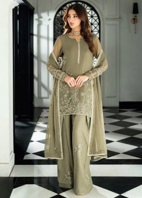 6037 Premium Faux Georgette Embroidered Kurti Palazzo with Dupatta Set Amavi
