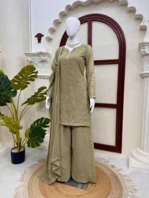 6037 Premium Faux Georgette Embroidered Kurti Palazzo with Dupatta Set readymade suit catalogs
