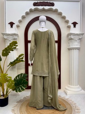6037 Premium Faux Georgette Embroidered Kurti Palazzo with Dupatta Set readymade suit catalogs