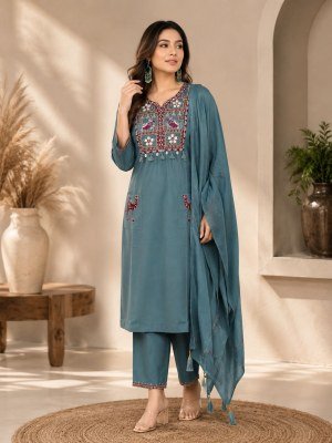 A-Line Pure Mul Cotton Suit Set 3-Piece – Elephant Camel Embroidery & Kodi Hand Work 
