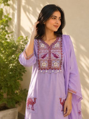 A-Line Pure Mul Cotton Suit Set 3-Piece – Elephant Camel Embroidery & Kodi Hand Work kurti pant with dupatta Catalogs