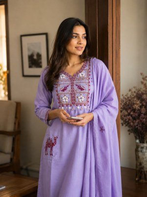 A-Line Pure Mull Cotton 3-Piece Suit Set with Embroidery and Kodi Hand Work Size wise Combo Set
