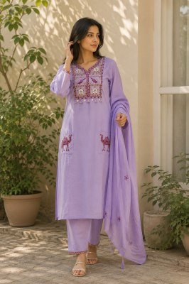 A-Line Pure Mull Cotton 3-Piece Suit Set with Embroidery and Kodi Hand Work Size wise Combo Set