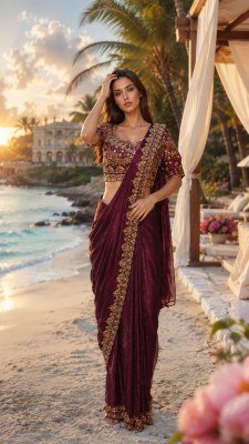 A411 Ready to Wear Fendi Satin Saree with Hand Beads Work Blouse 