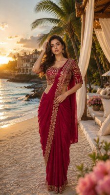 A411 Ready to Wear Fendi Satin Saree with Hand Beads Work Blouse sarees catalogs