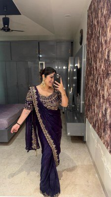 A411 Ready to Wear Fendi Satin Saree with Hand Beads Work Blouse sarees catalogs