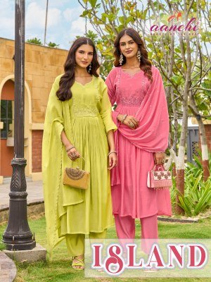 AANCHI ISLAND Mul Chanderi Kurti Pant Dupatta 3-Piece Suit Set wholesale catalogs