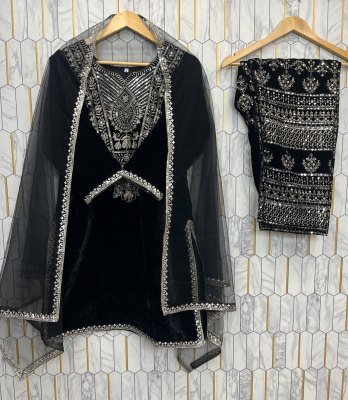 AC-7034 Designer Viscose Velvet Embroidered Suit with Pant and Dupatta Size wise Combo Set