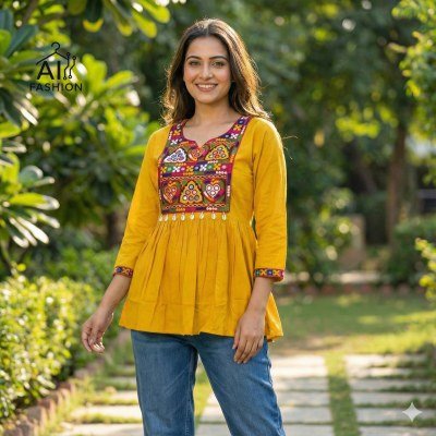 AI Fashion Gamthi Rayon Short Top with Traditional Lace Work kurtis catalogs