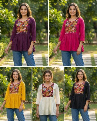 AI Fashion Gamthi Rayon Short Top with Traditional Lace Work kurtis catalogs