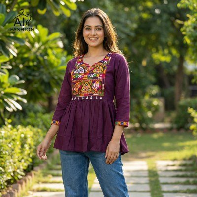 AI Fashion Gamthi Rayon Short Top with Traditional Lace Work kurtis catalogs