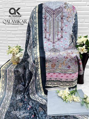 AL KARAM LAWN QALAMKAR 3-Piece Pure Cotton Dress Material with Dupatta 