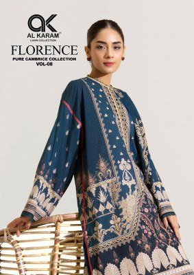 AL Karam Florence Vol-8 Karachi Pure Lawn Cotton Kurti Pant Set with Mal Mal Dupatta wholesale catalogs