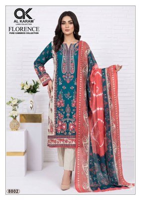 AL Karam Florence Vol 8 Karachi Pure Lawn Cotton Kurti Pant Set with Mal Mal Dupatta readymade suit catalogs