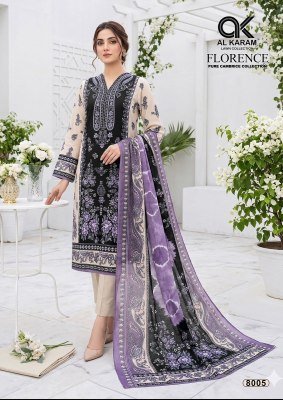AL Karam Florence Vol 8 Karachi Pure Lawn Cotton Kurti Pant Set with Mal Mal Dupatta readymade suit catalogs
