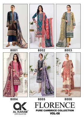 AL Karam Florence Vol 8 Karachi Pure Lawn Cotton Kurti Pant Set with Mal Mal Dupatta readymade suit catalogs