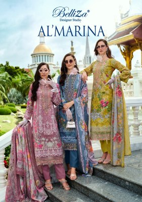 AL Marina by Belliza pure cotton digital printed neck embroidered unstitched suit collection Belliza