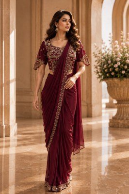 AMOHA A551 Ready to Wear Armani Satin Saree with Embroidery and Beads Work Blouse 