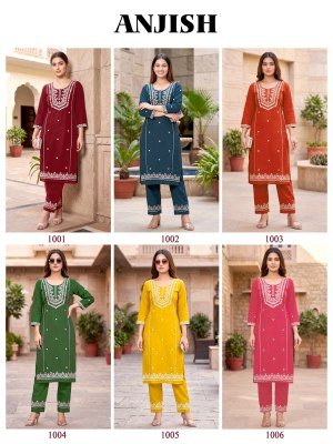 ANJISH D.No 1001-1006 South Cotton Kurti Pant Set with Heavy Cotton Thread Embroidery kurtis catalogs