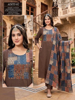 ARTICLE ADITI Dhabu Cotton Straight Cut Kurti Pant Dupatta  Set Size wise Combo Set