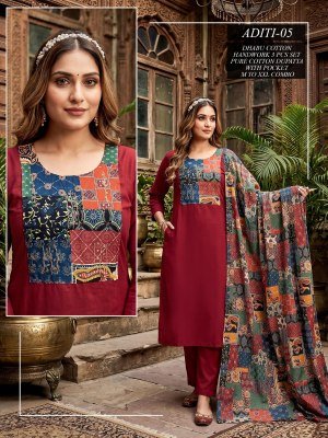 ARTICLE ADITI Dhabu Cotton Straight Cut Kurti Pant Dupatta  Set Size wise Combo Set