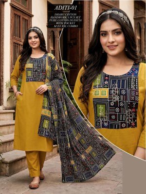 ARTICLE ADITI Dhabu Cotton Straight Cut Kurti Pant Dupatta  Set Size wise Combo Set