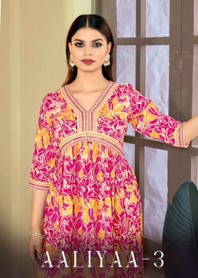 Aaliyaa 3 by heavy reyon print embroidered readymade kurti catalogue Amavi
