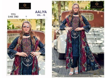 Aaliz Prints Aaliya Embroidery Collection Vol 15 Unstitched Cotton Suit Set with Digital Style Print Embroidered Neck Work Cotton Bottom Cotton Mal Du dress material catalogs