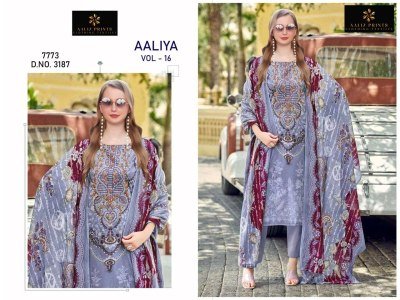 Aaliz Prints Aaliya Embroidery Collection Vol 16 Unstitched Cotton Suit Set with Digital Style Print Embroidered Neck Work Cotton Bottom Cotton Mal Du dress material catalogs